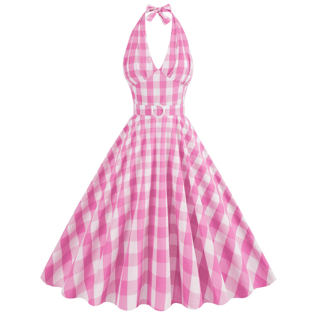 Halter Pink Plaid 1950s Dress With Belt – FancyVestido