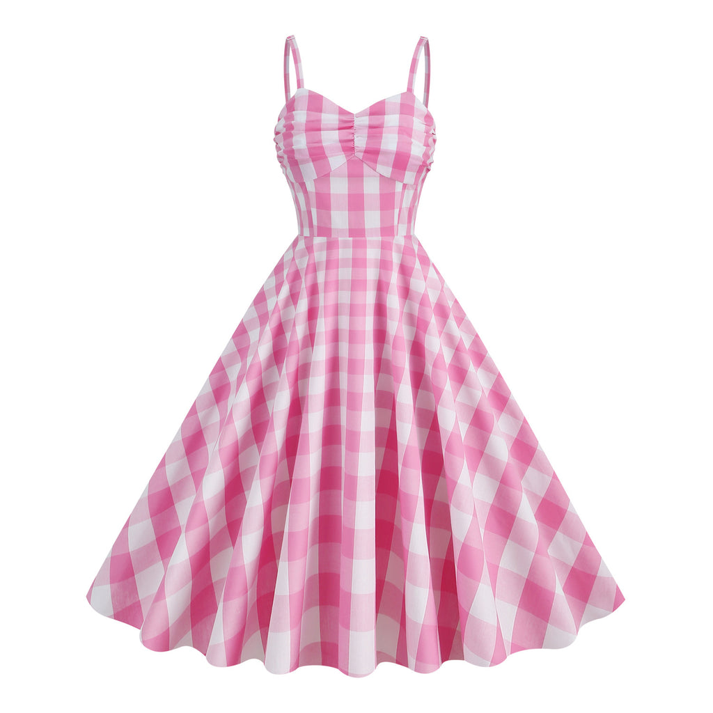 Straps Pink Plaid A-Line Vintage Party Dress FancyVestido Straps Pink Plaid A-Line Vintage Party Dress FancyVestido