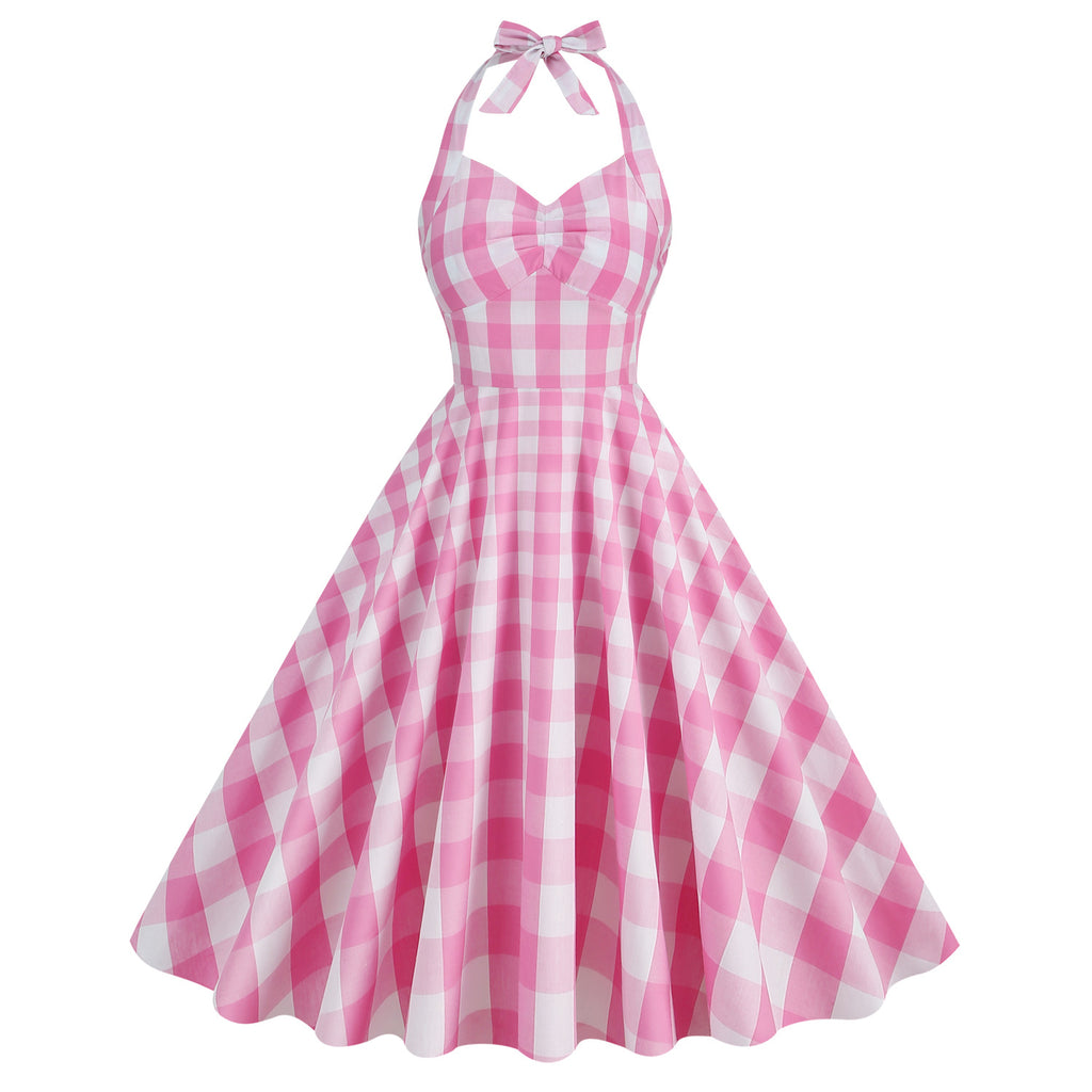 Vintage Pink Halter Plaid A-Line Party Dress FancyVestido Vintage Pink Halter Plaid A-Line Party Dress FancyVestido