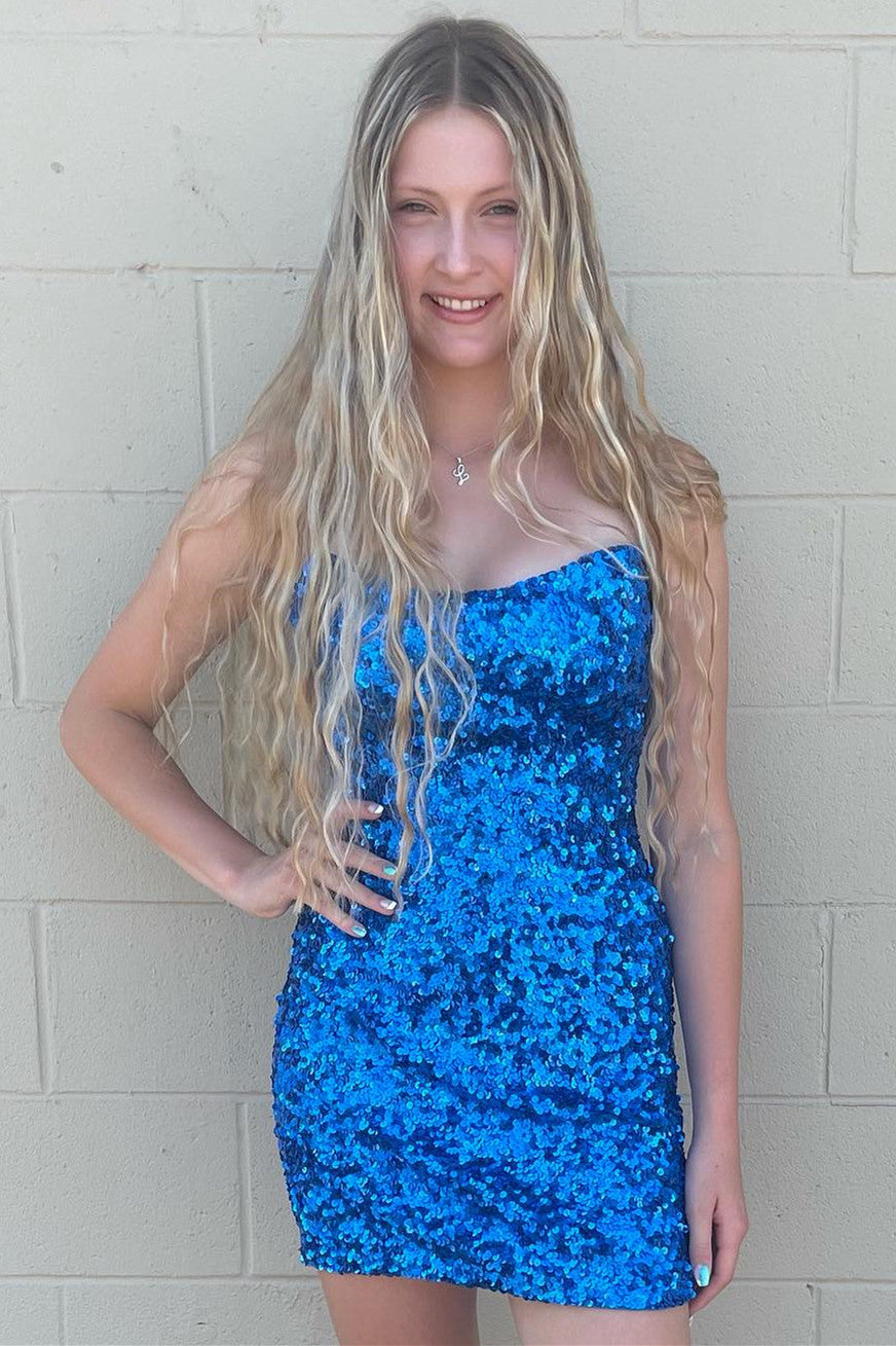 Shiny Light Blue Round Neck Sleeveless Sequined Lace Mini Birthday Dress Homecoming Dress cc3566 main image 1