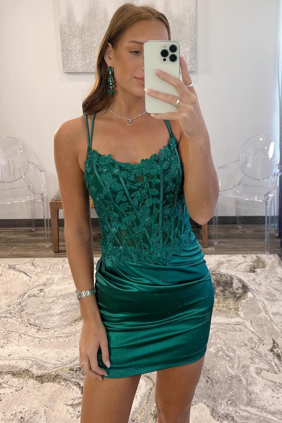short formal emerald green dress Velvi - Evelyn Mini - Ruched Bustier Dress - Emerald Green Sequins Sheath Cowl