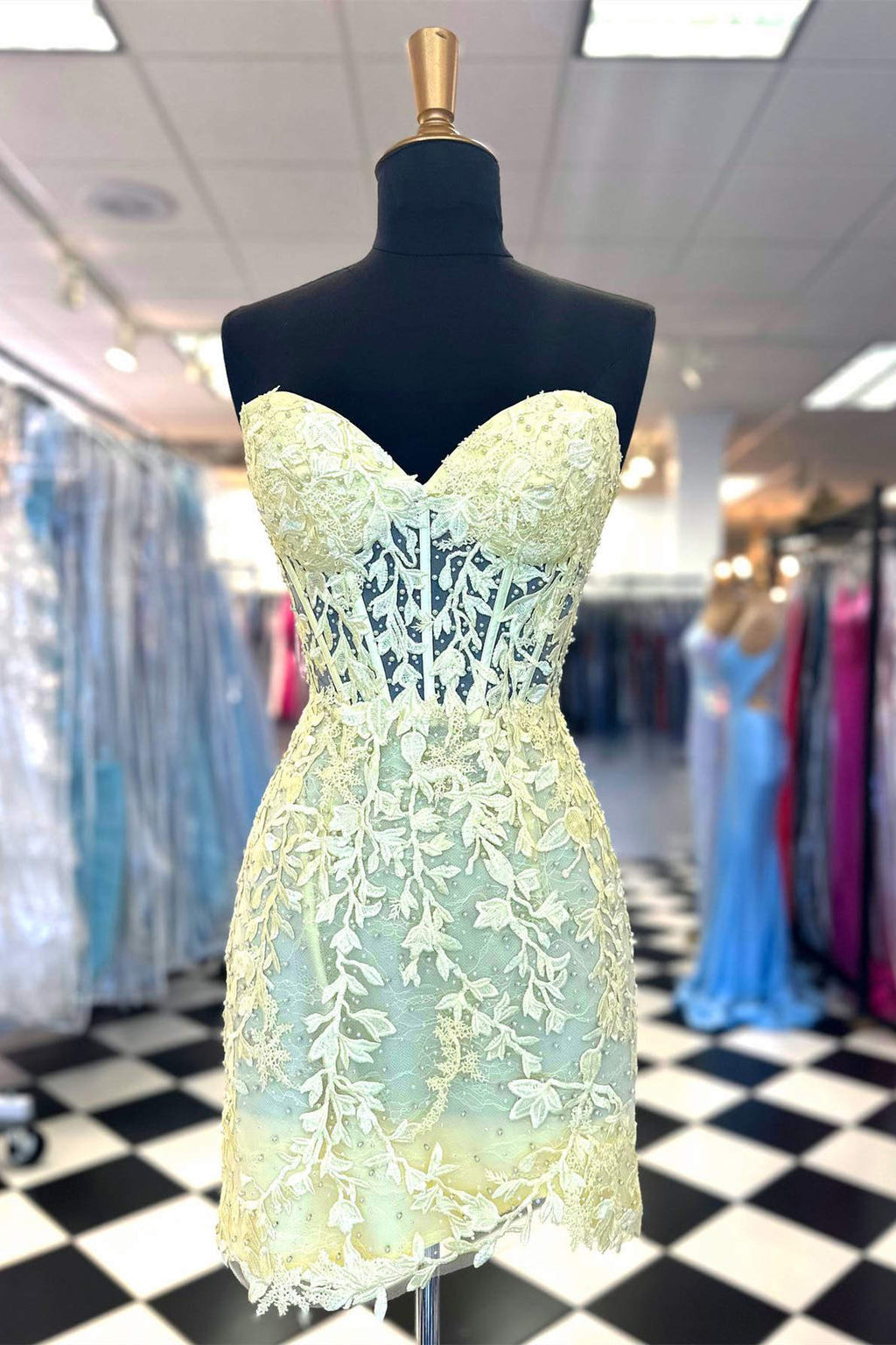 pale yellow homecoming dress Sweetheart Yellow Lace Corset Tight Homecoming Dress – FancyVestido