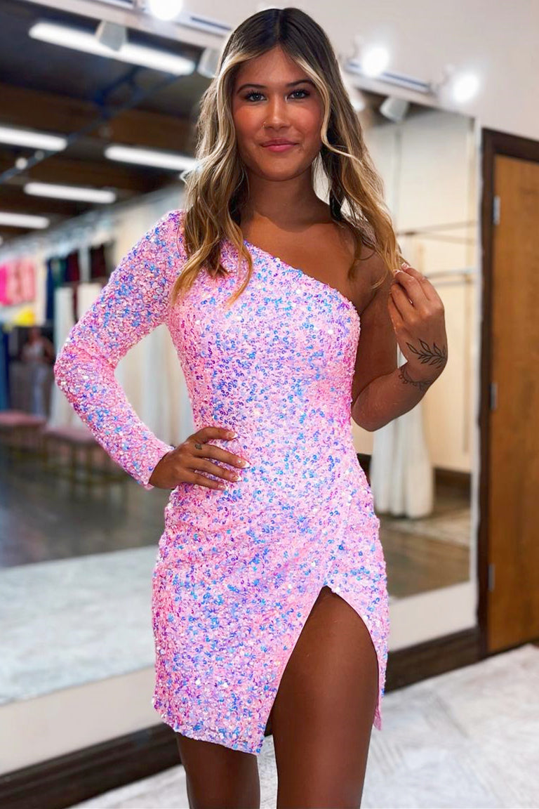 Iridescent Pink One Shoulder Long Sleeves Tight Homecoming Dress with Slit