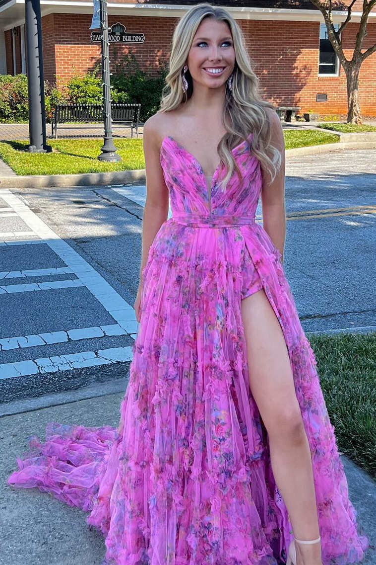 Princess Hot Pink V-Neck Floral Tulle Long Prom Dress with Slit