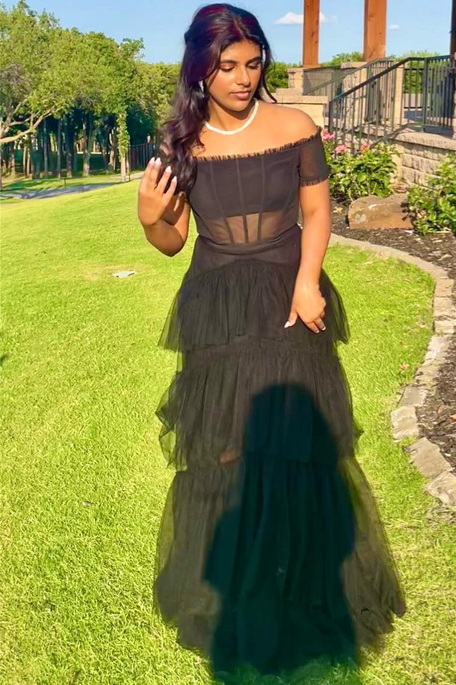 Off the Shoulder Black Tiered Tulle Long Prom Dress
