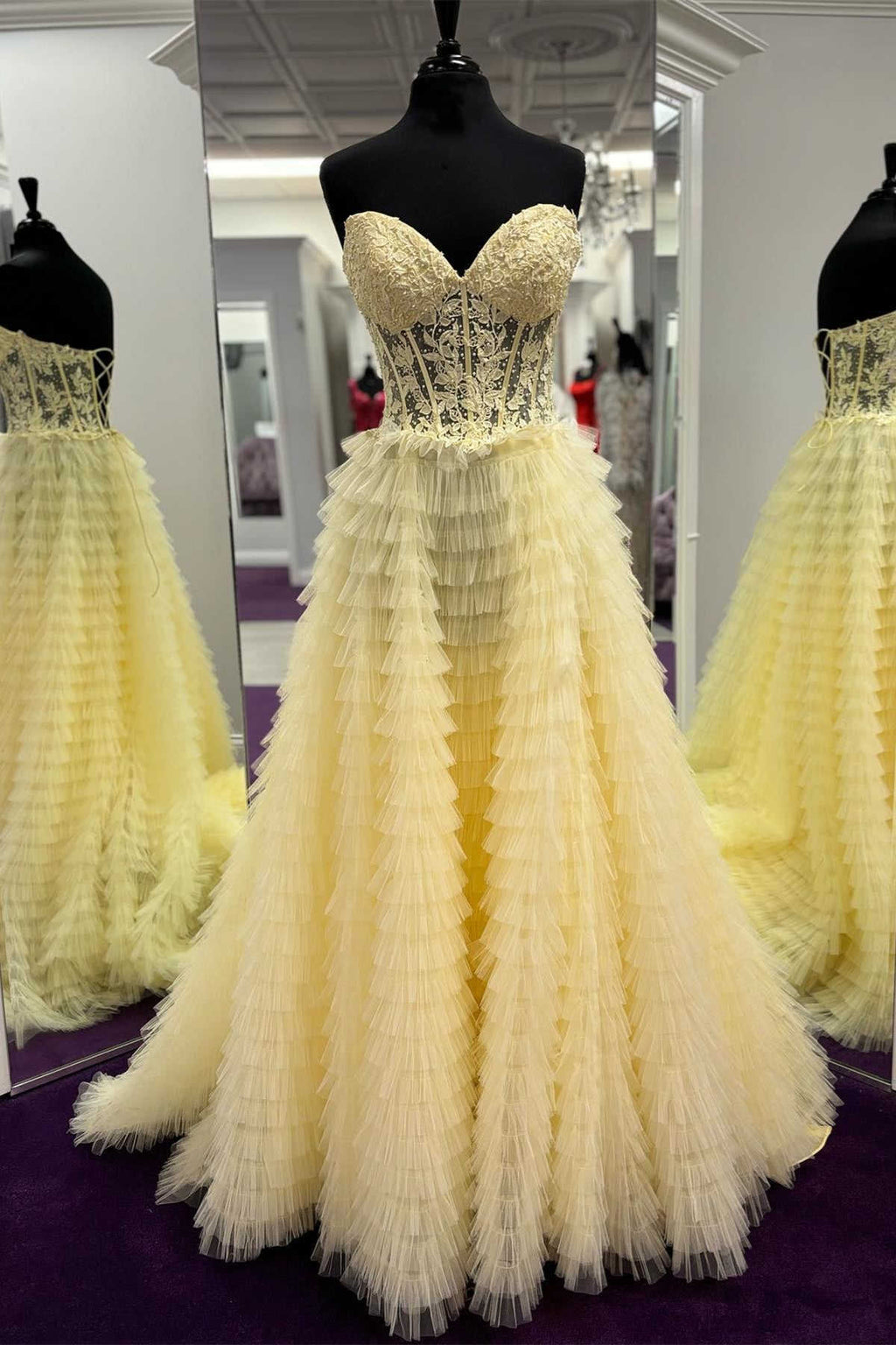 Yellow Plunging V-Neck Sheer Corset Prom Dress with Floral Lace Appliqués main image 1