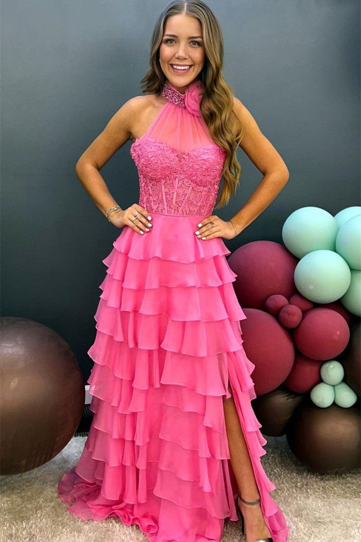 High Neck Hot Pink Ruffle Chiffon Long Prom Dress with 3D Flower