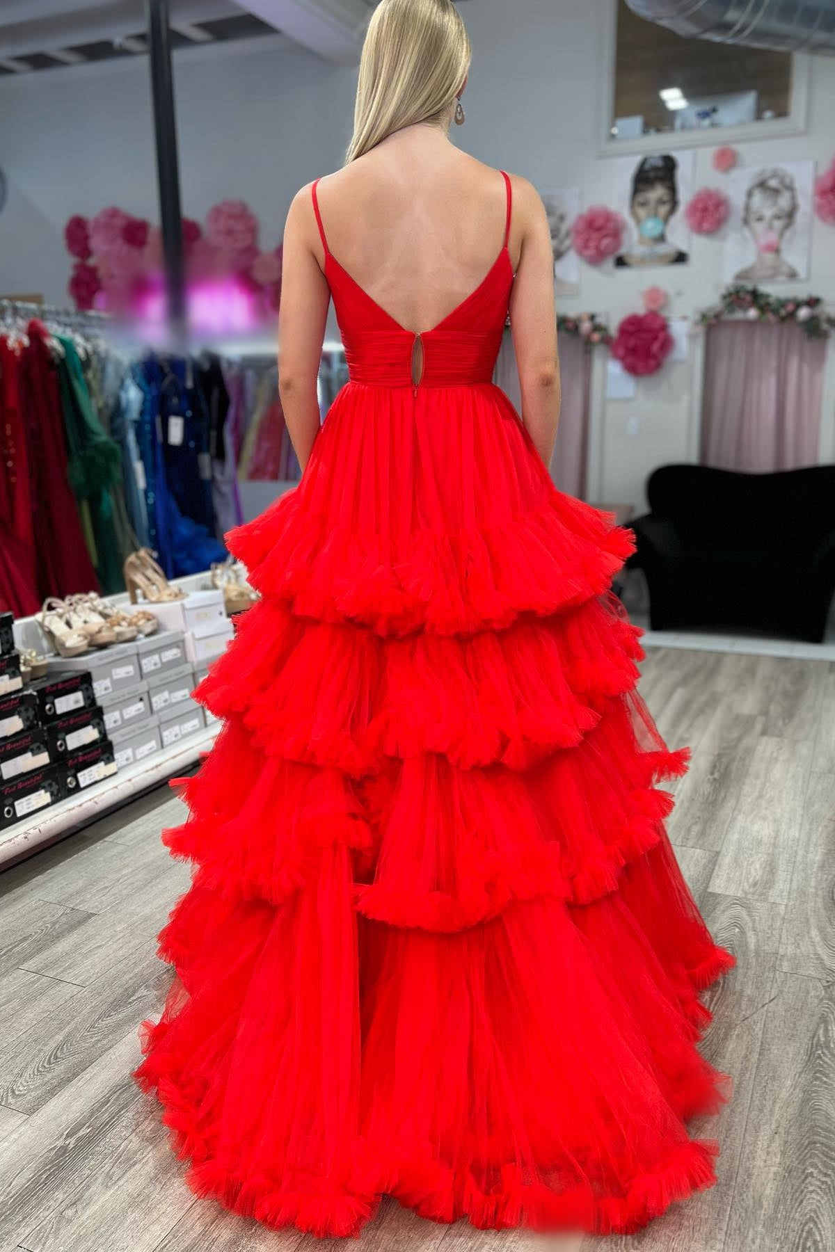 Straps Red Corset Tiered Tulle Long Formal Dress