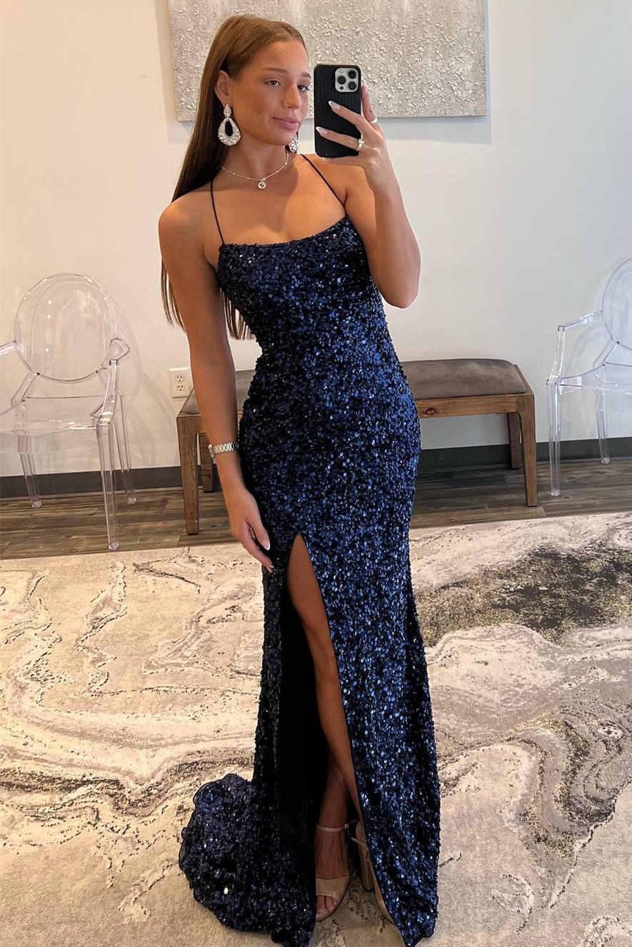 Lace-Up Navy Blue Sequin Mermaid Prom Dress Front Side