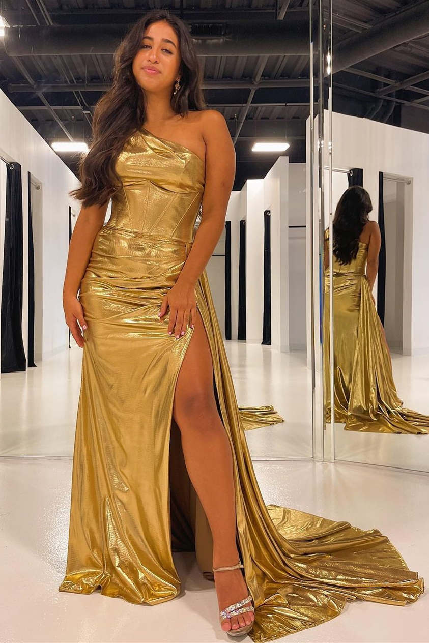 One Shoulder Gold Corset Long Prom Dress with Slit
