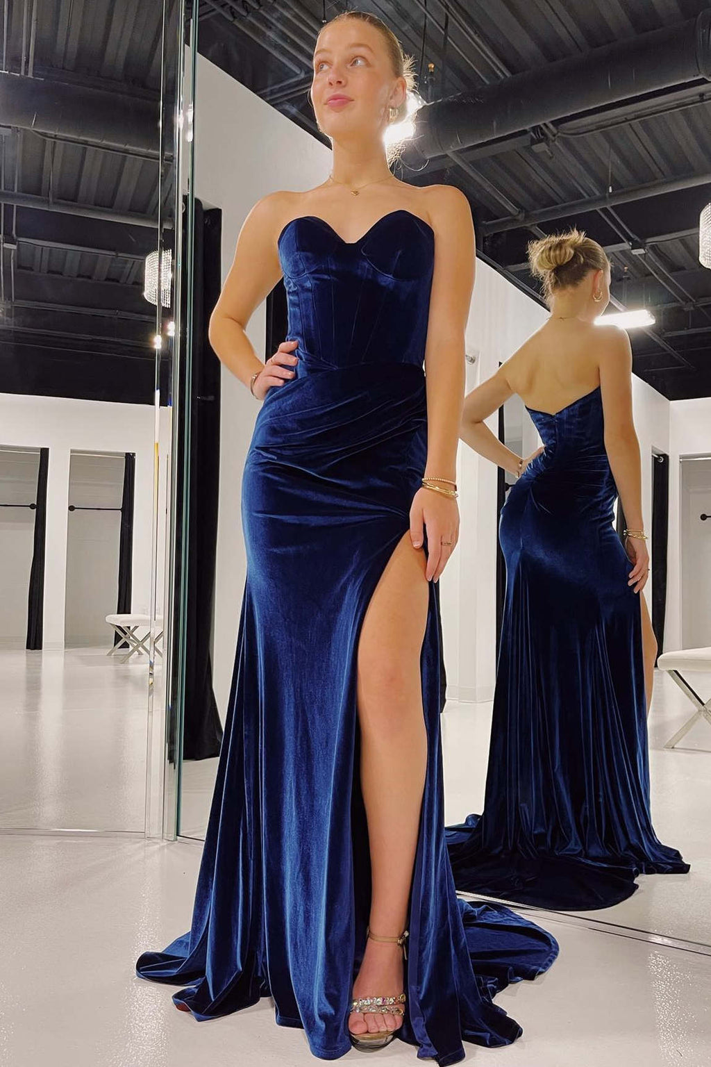 navy blue velvet dresses Velvet blue dress with baguette embroidery featuring an overskirt