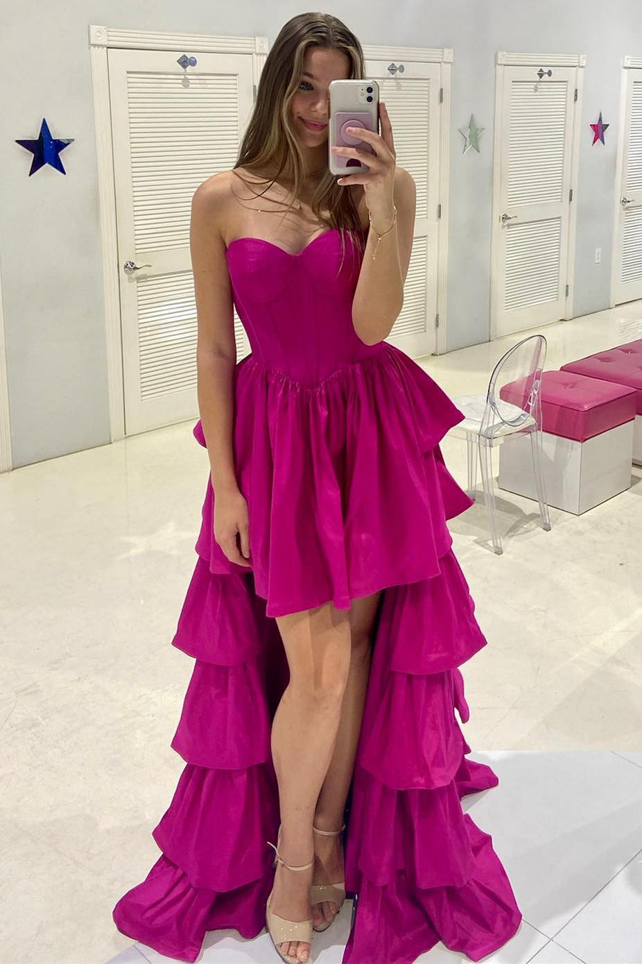 Sweetheart High Slit Long Dress With Sweep Train Fuchsia