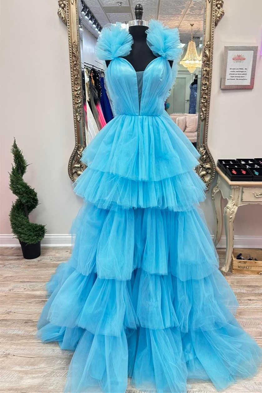Light Blue Ruffle Straps A-Line Tiered Prom Dress – FancyVestido