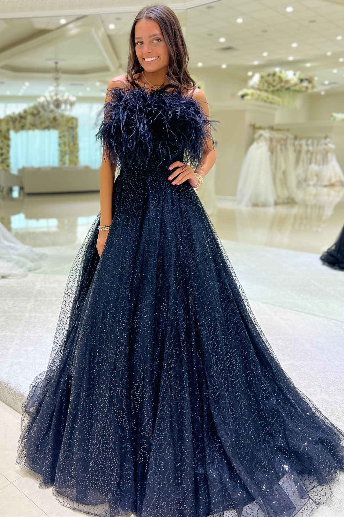 Strapless Navy Blue Feathers A-Line Prom Gown