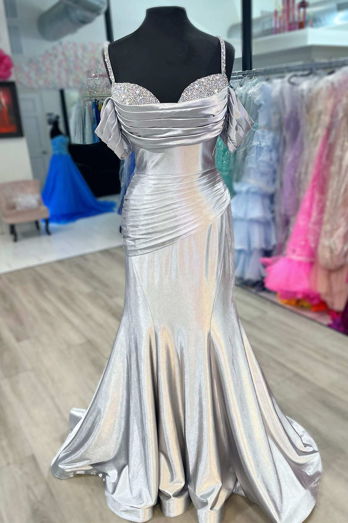 8557 Silver Grey Cold Shoulder Mermaid Dress
