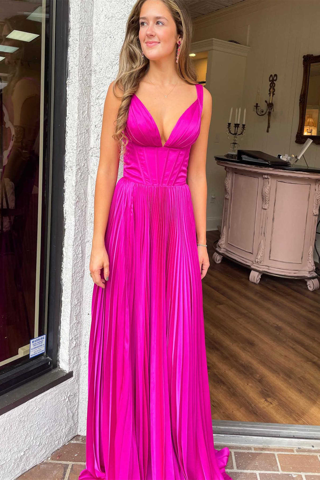 A-Line V-Neck Fuchsia Pleated Long Prom Dress FancyVestido A-Line V-Neck Fuchsia Pleated Long Prom Dress FancyVestido
