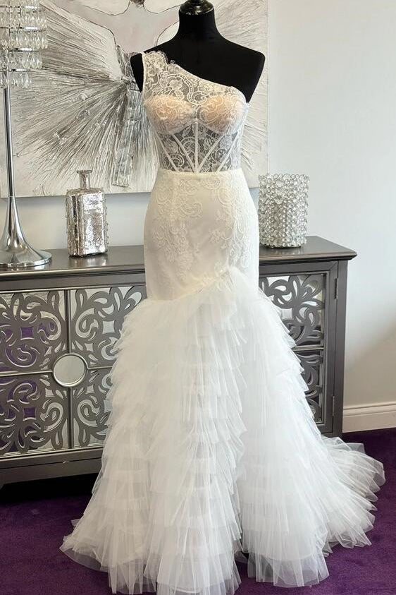 White Long One Shoulder Mermaid Lace Satin Prom Dress With Beads main image 1