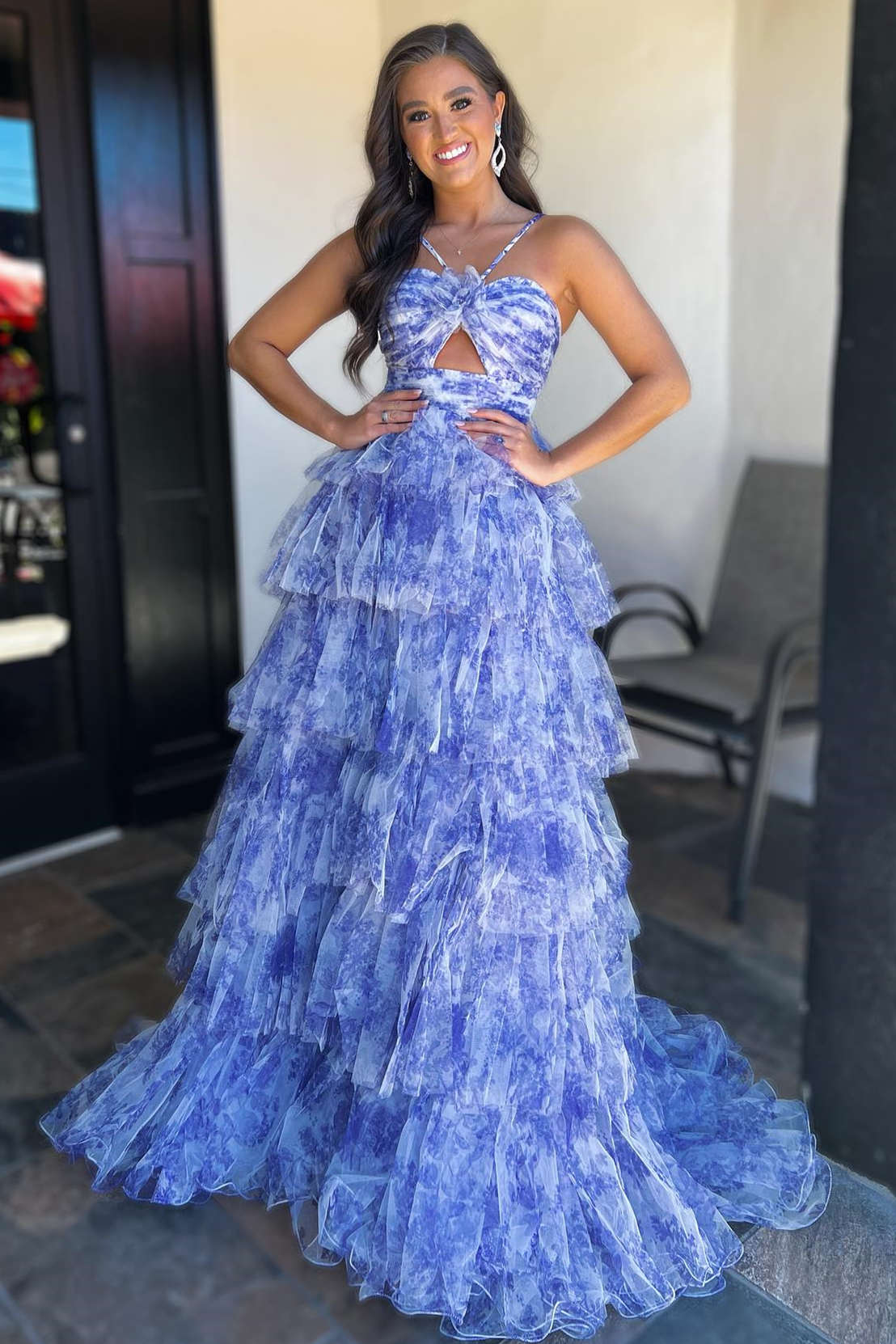 Straps Blue Floral Print Keyhole Ruffle A-line Long Prom Dress