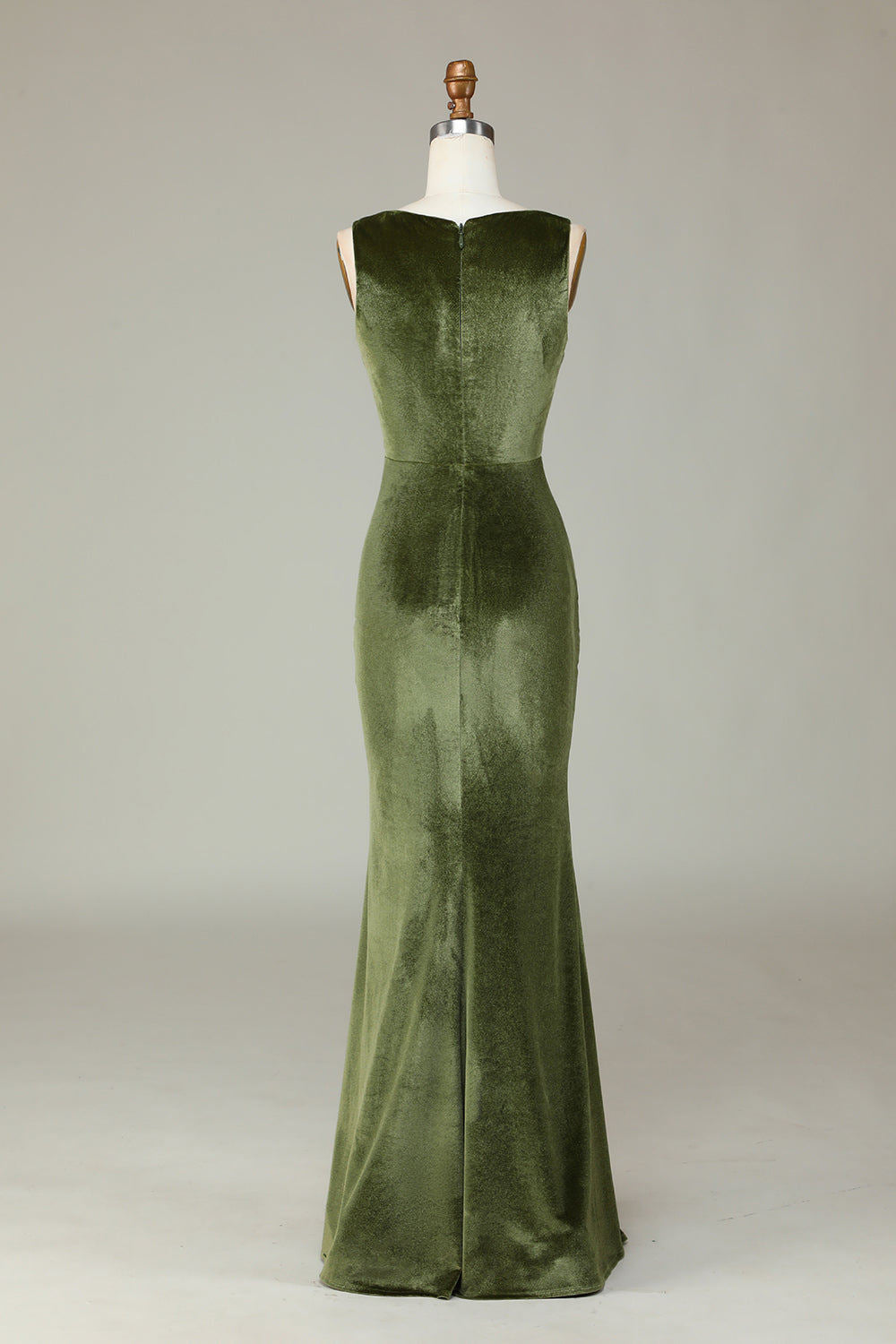 Square Neck Olive Green Velvet Slit Long Bridesmaid Dress