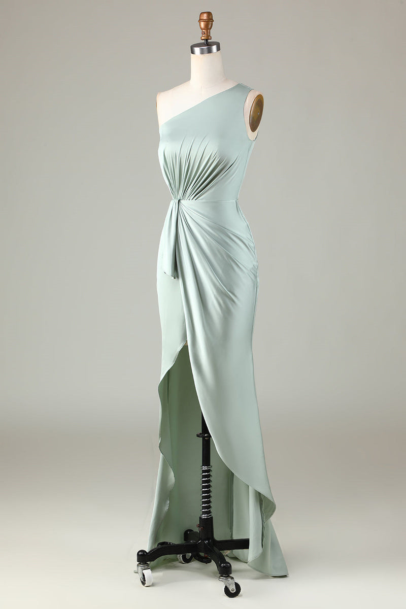 Elegant One Shoulder Matcha Ruched  Long Bridesmaid Dress
