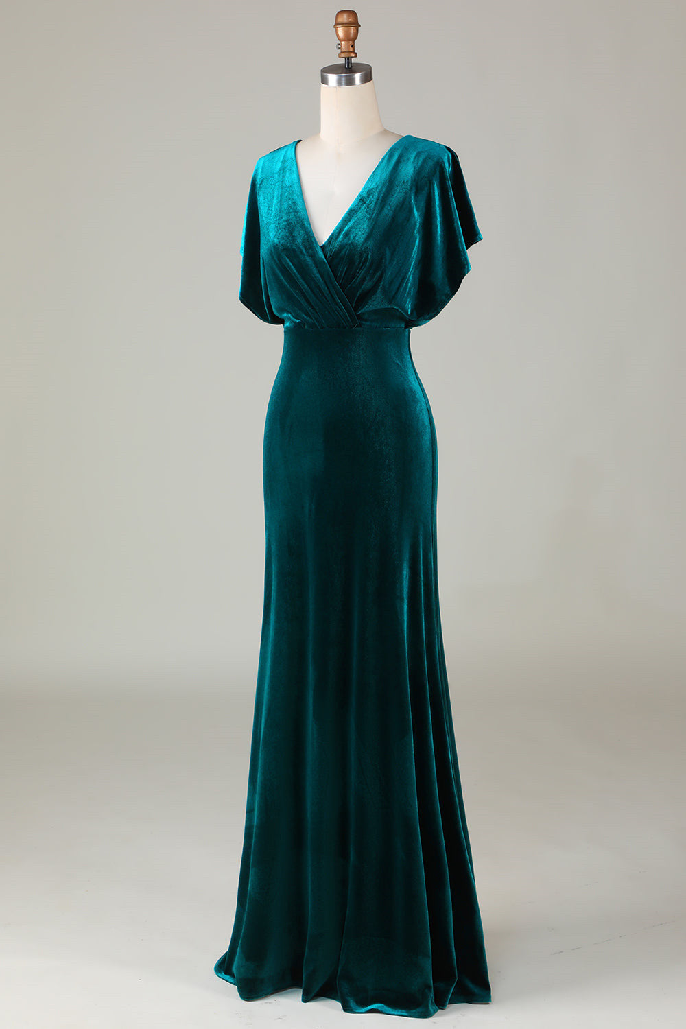 V-Neck Peacock Green Ruffle Sleeves Vlevet Bridesmaid Dress