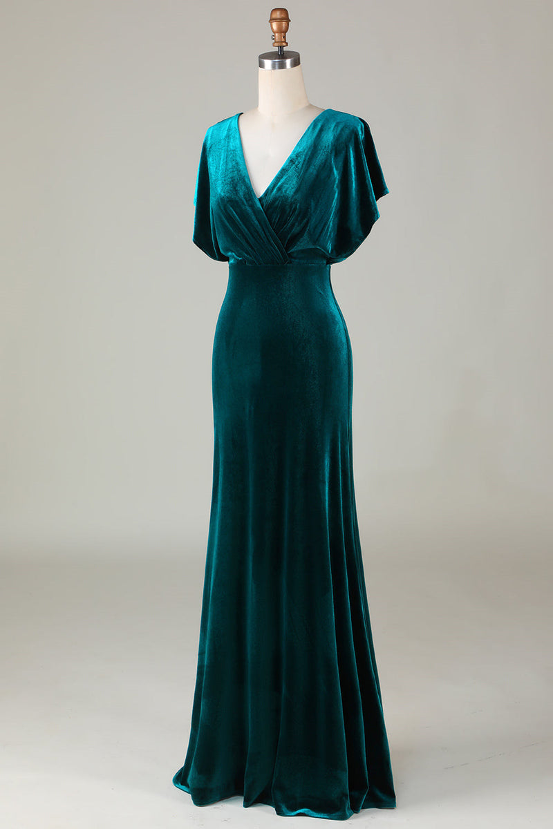 V-Neck Peacock Green Ruffle Sleeves Vlevet Bridesmaid Dress