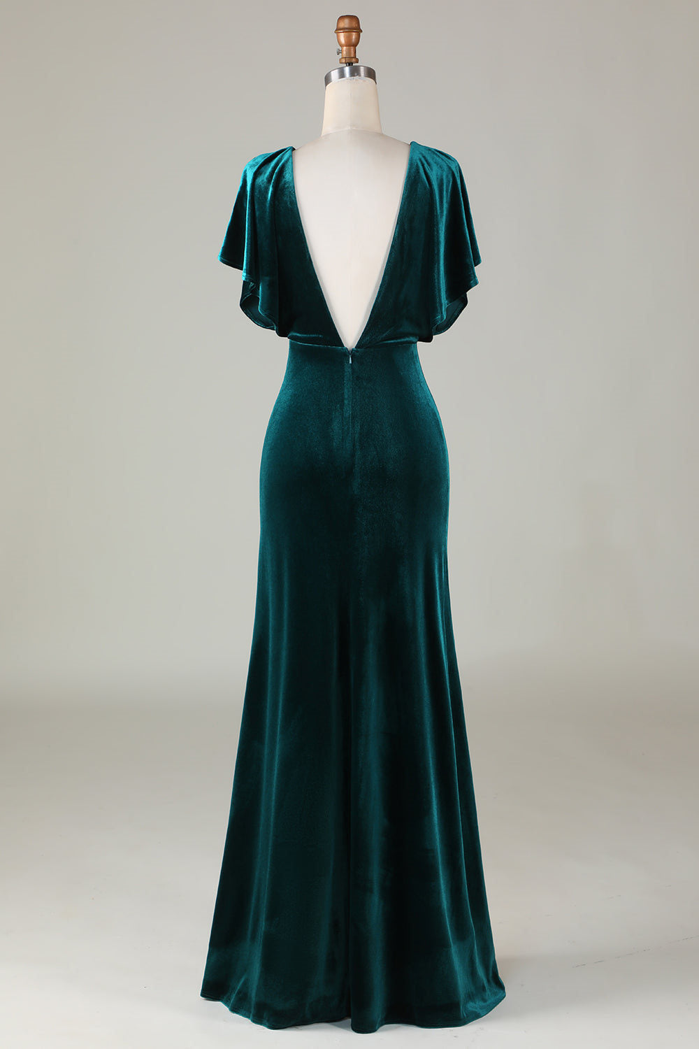 V-Neck Peacock Green Ruffle Sleeves Vlevet Bridesmaid Dress