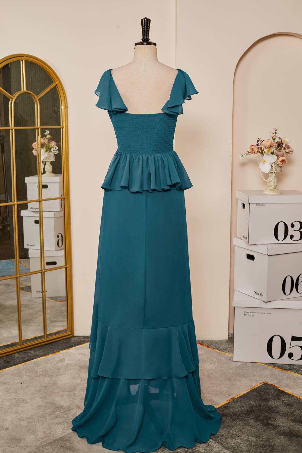 Teal Ruffle Tiered Chiffon Long Bridesmaid Dress