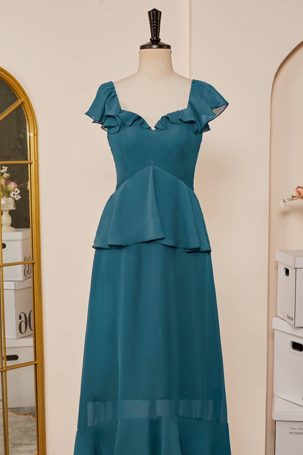 Teal Ruffle Tiered Chiffon Long Bridesmaid Dress