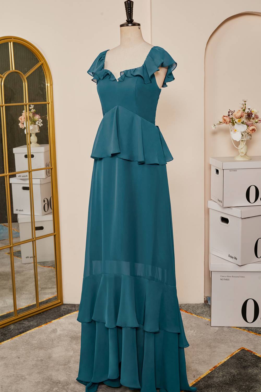 Teal Ruffle Tiered Chiffon Long Bridesmaid Dress