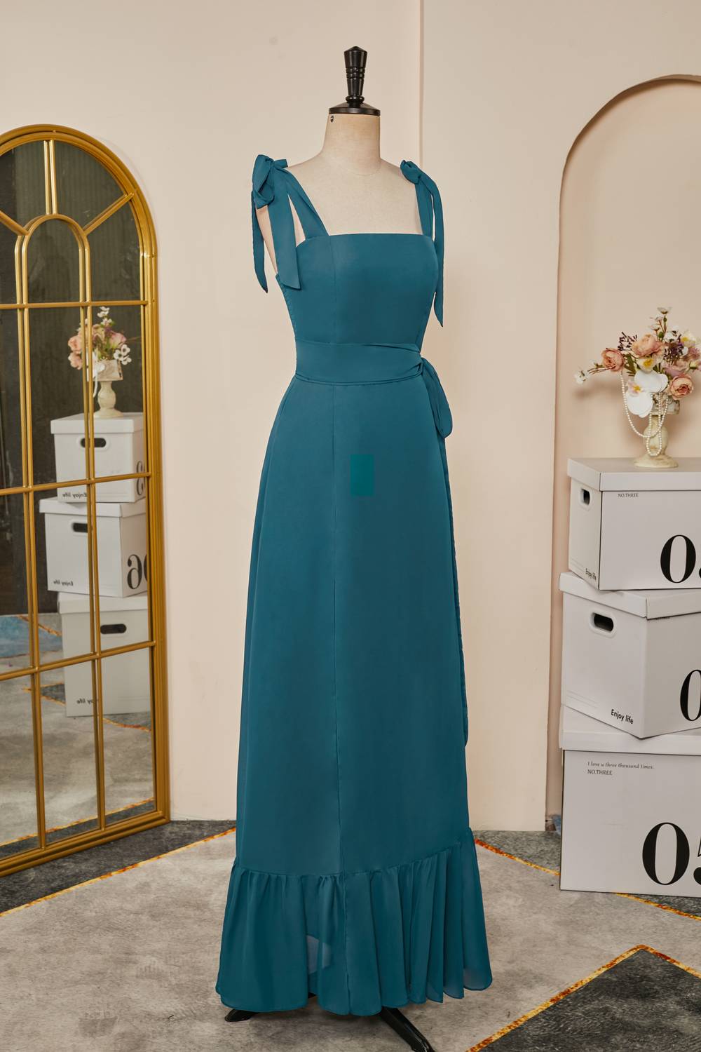 Tie Straps Teal A-Line Bridesmaid Dress with Detachable Sash