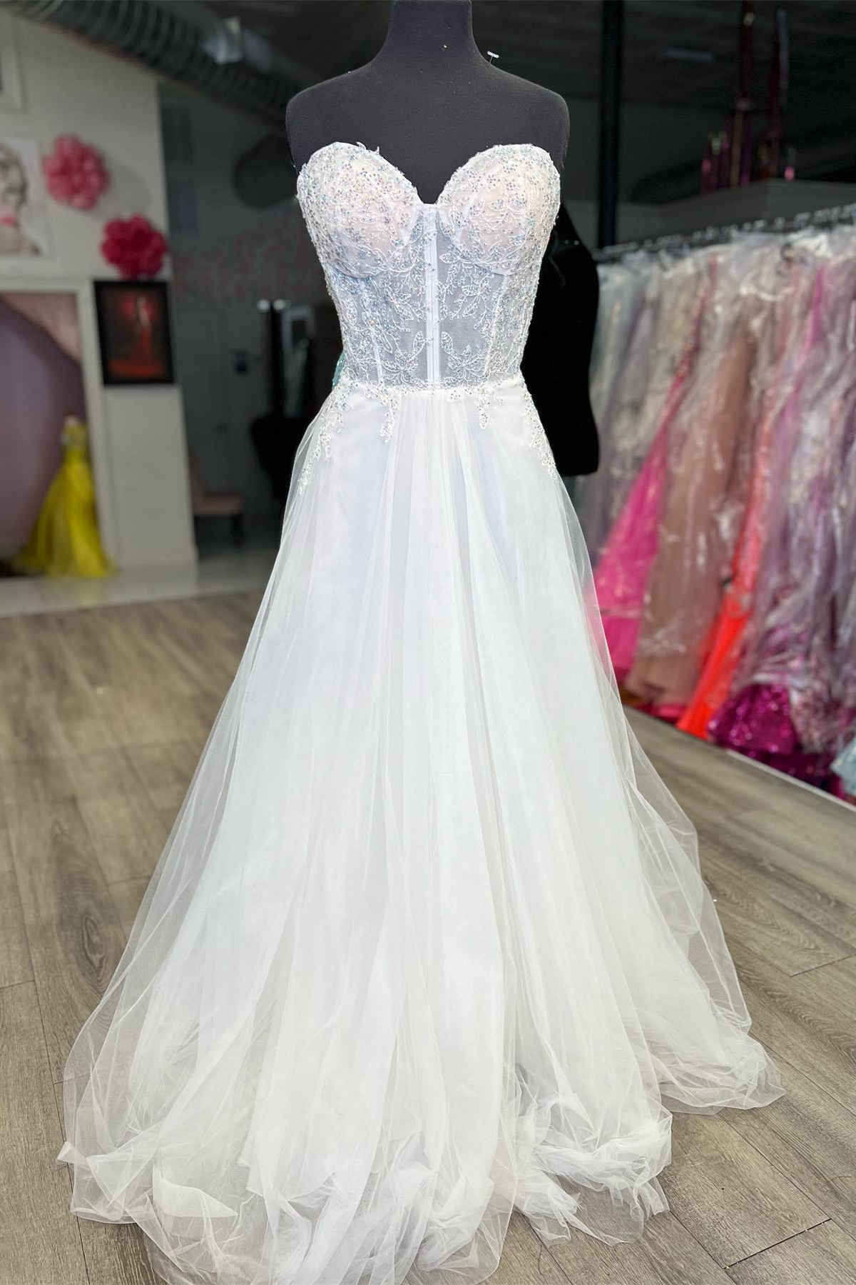 Strapless White Lace Corset Long Formal Dress with Rhinestones
