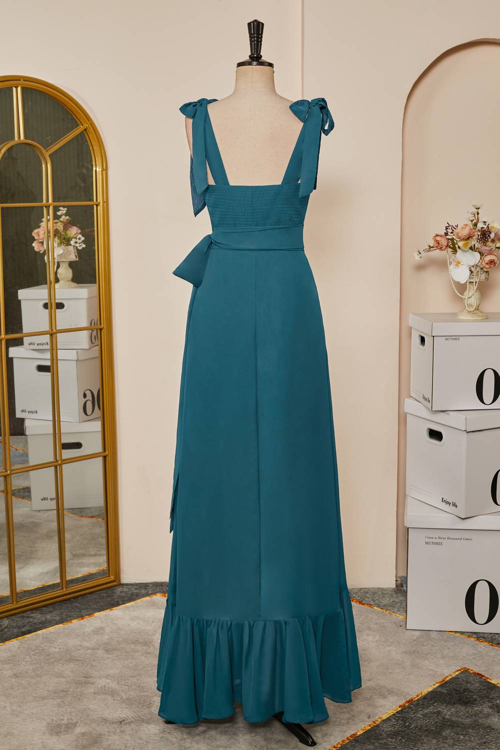 Tie Straps Teal A-Line Bridesmaid Dress with Detachable Sash