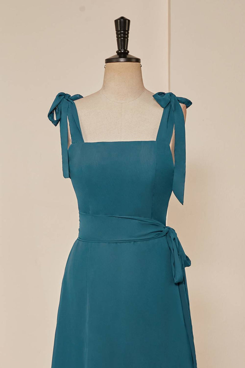 Tie Straps Teal A-Line Bridesmaid Dress with Detachable Sash