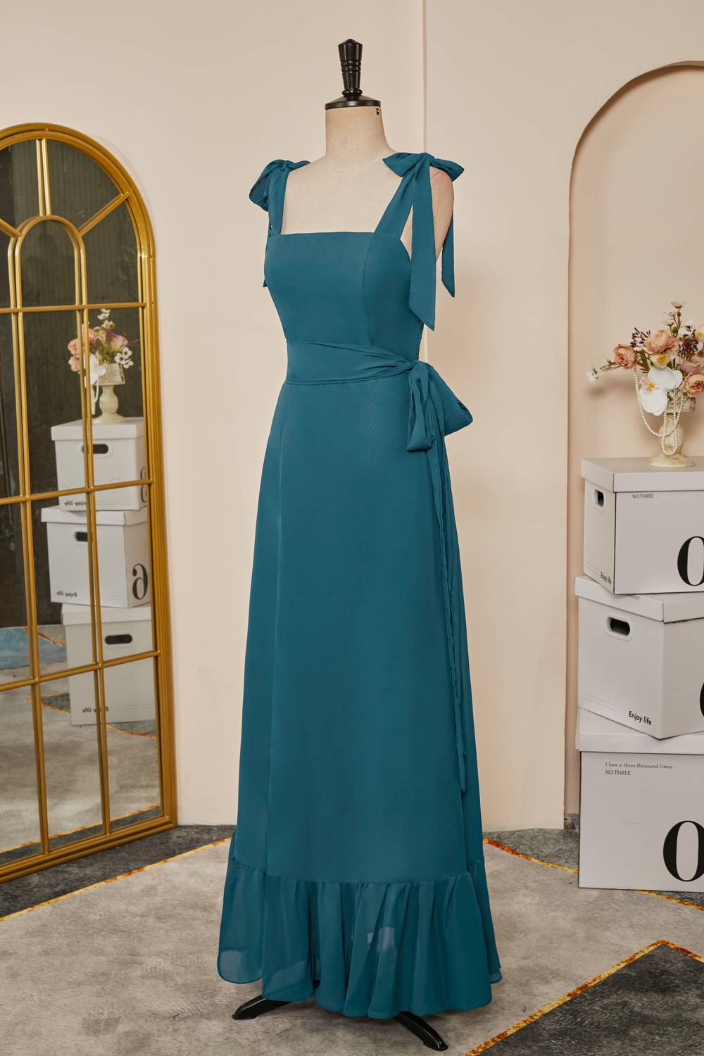 Tie Straps Teal A-Line Bridesmaid Dress with Detachable Sash