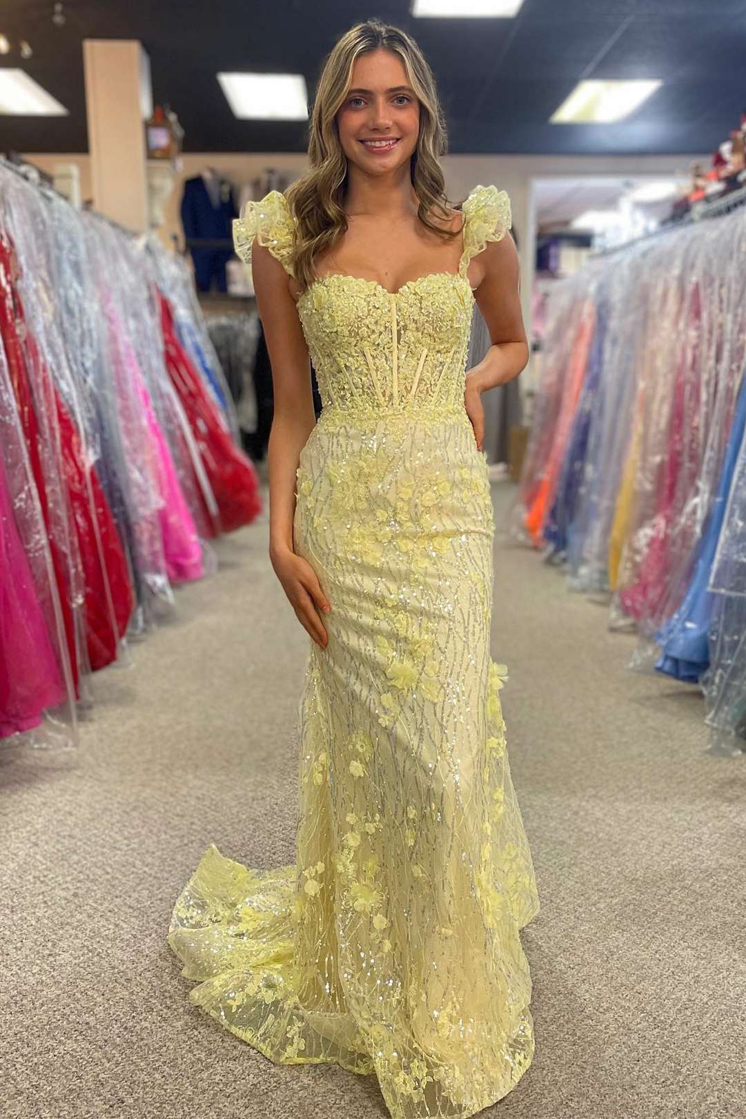 Yellow Ruffle Straps 3D Flower Mermaid Long Prom Dress