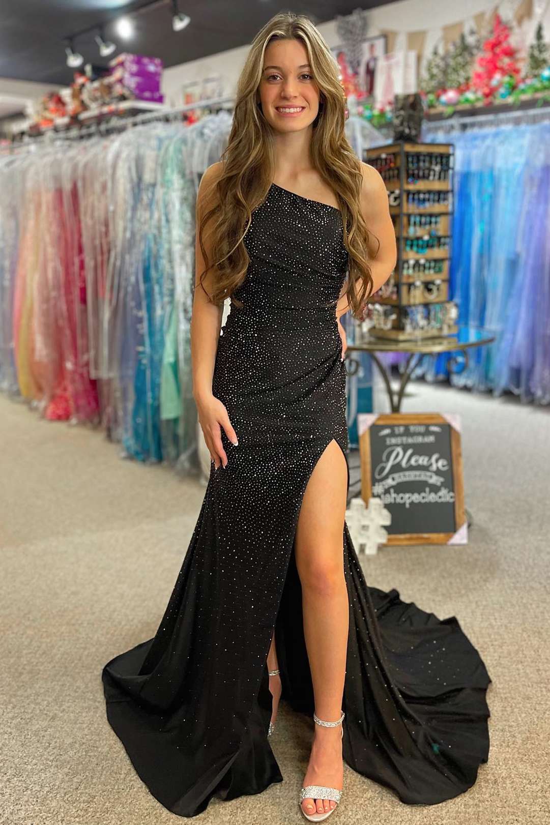 Black One Shoulder Beaded Mermaid Prom Dress with Slit