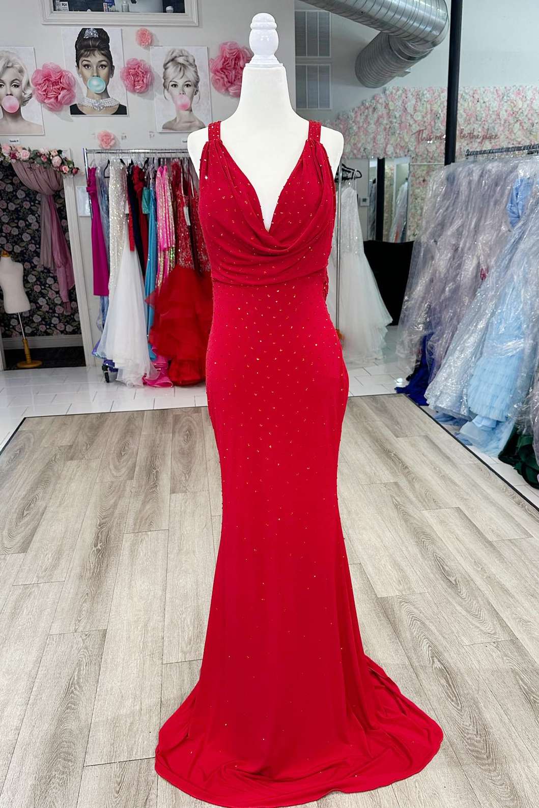 Cowl Neck Red Beaded Mermaid Long Prom Dress