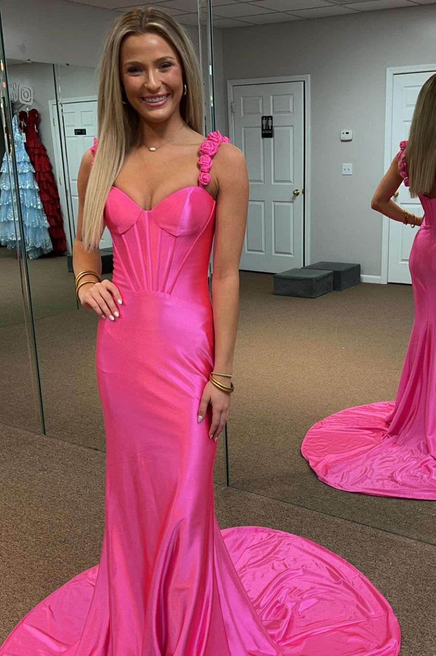 Hot Pink Straps Satin Mermaid Prom Dress with Flowers