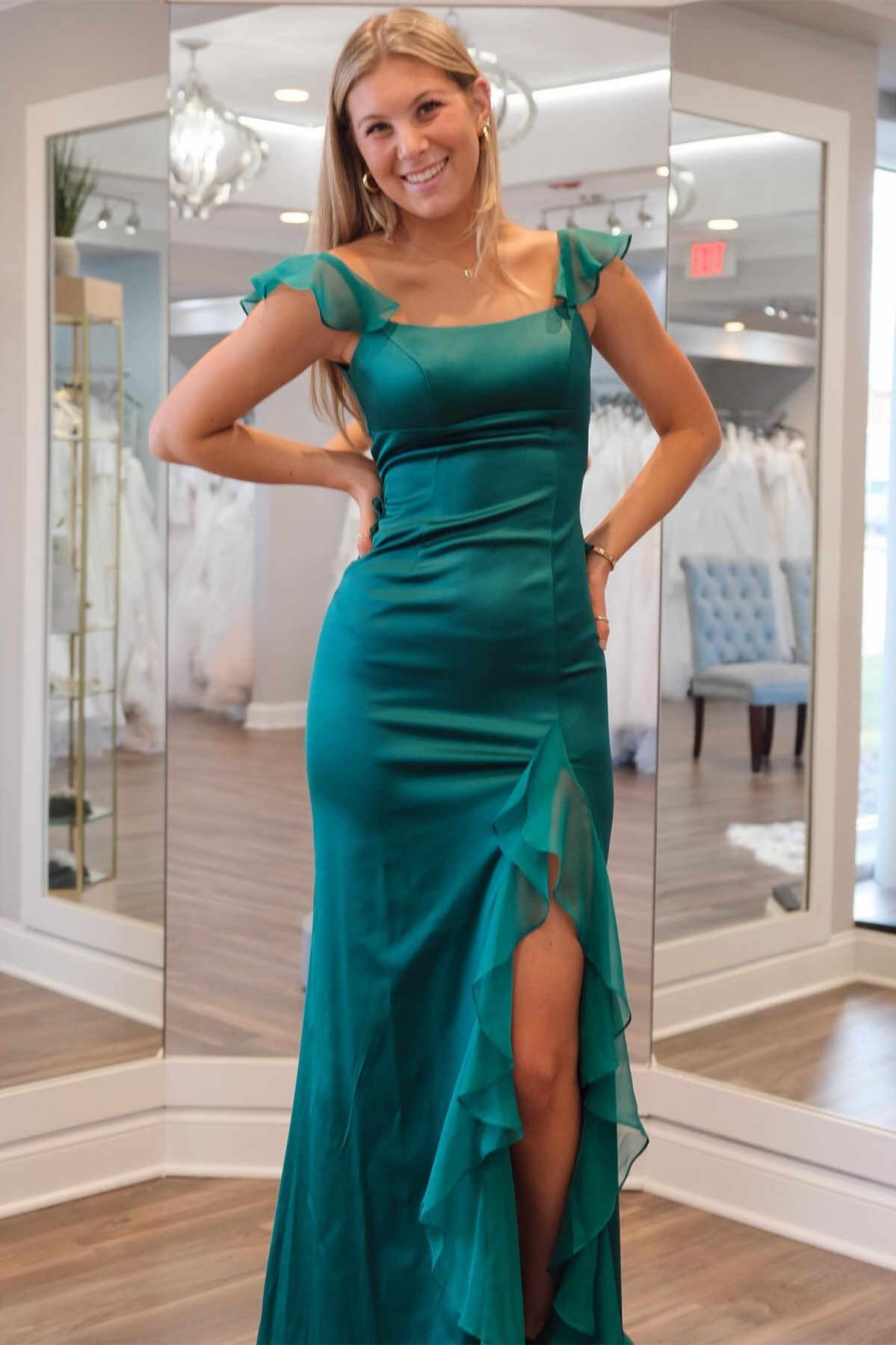 Emerald Green Square Neck Ruffle Slit Prom Dress Front Side