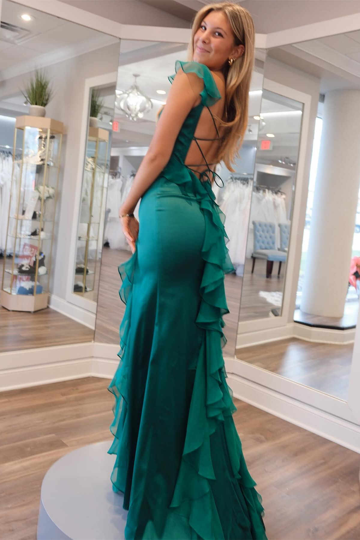 Emerald Green Square Neck Ruffle Slit Prom Dress Back Side