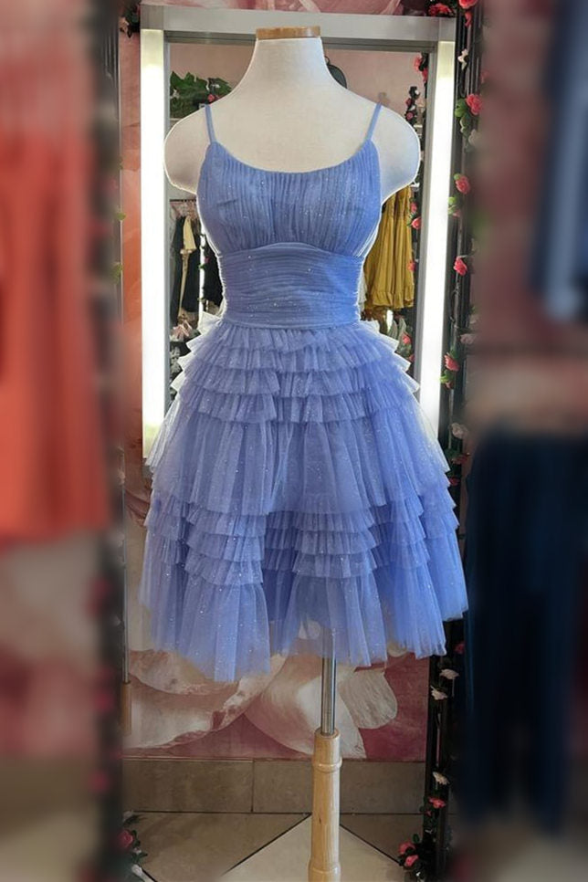 Square Neck Straps Pink A-Line Ruffle Dress  Periwinkle Front Side