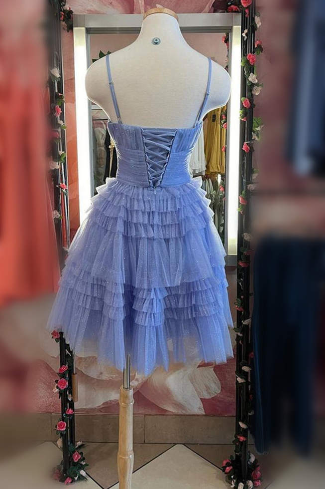 Square Neck Straps Pink A-Line Ruffle Dress  Periwinkle Back Side