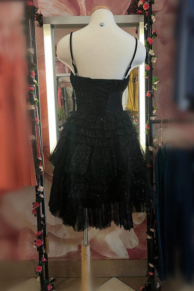 Square Neck Straps Pink A-Line Ruffle Dress Black Color Back Side