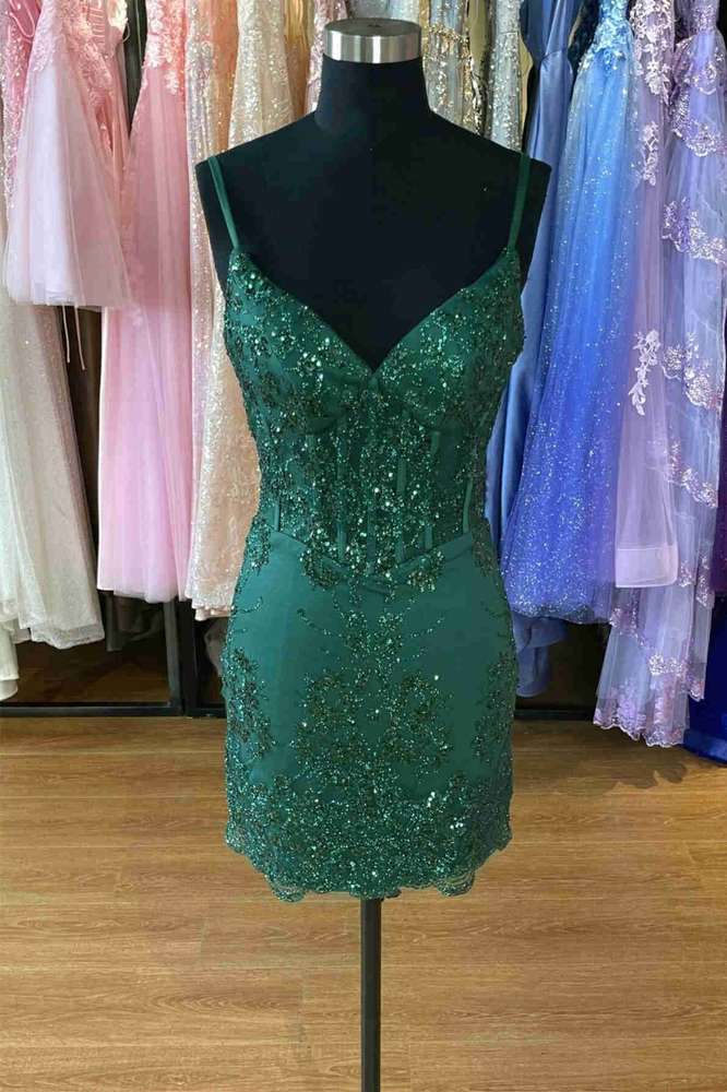 V-Neck Straps Hunter Green Appliques Bodycon Homecoming Dress