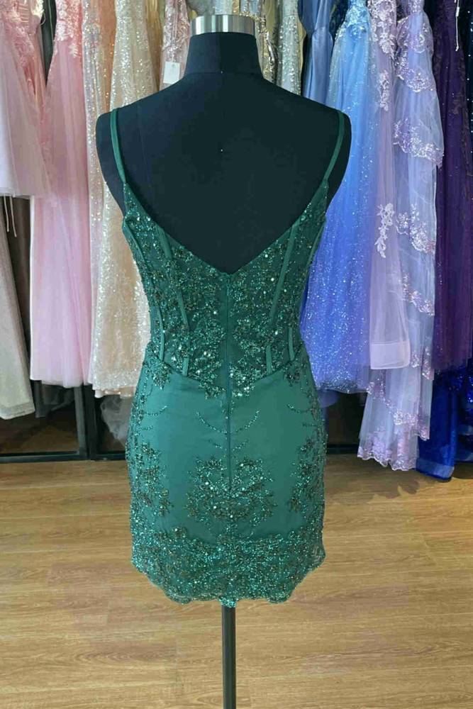 V-Neck Straps Hunter Green Appliques Bodycon Homecoming Dress