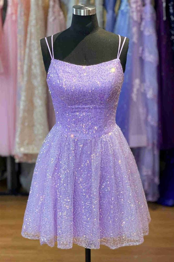 short purple prom dresses Double Straps Lavender A-Line Homecoming Dress with Sequin A-Line/Princess V-Neck Lace Floral line tulle dress ey-10th-anniversary-sale-21952 Color:DustyBlue (SteelBlue)