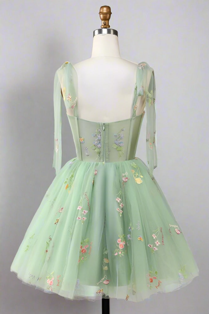 Tie Straps Blue Floral Embroidery Short Party Dress Green