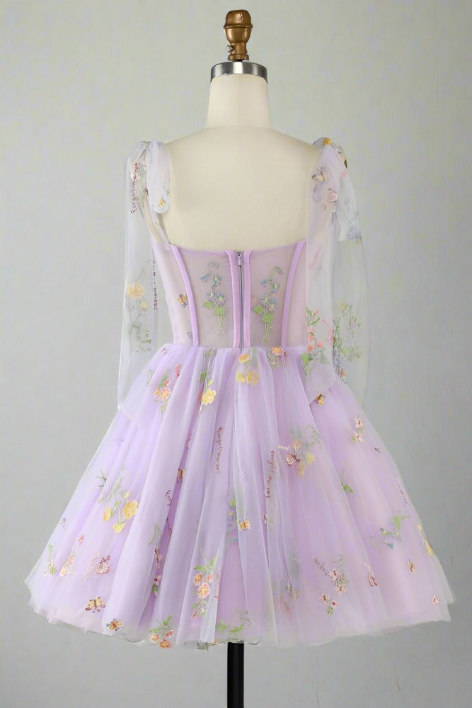 Tie Straps Blue Floral Embroidery Short Party Dress Purple