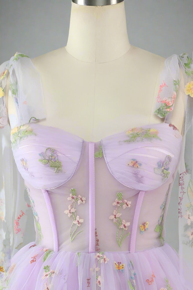 Tie Straps Blue Floral Embroidery Short Party Dress Purple